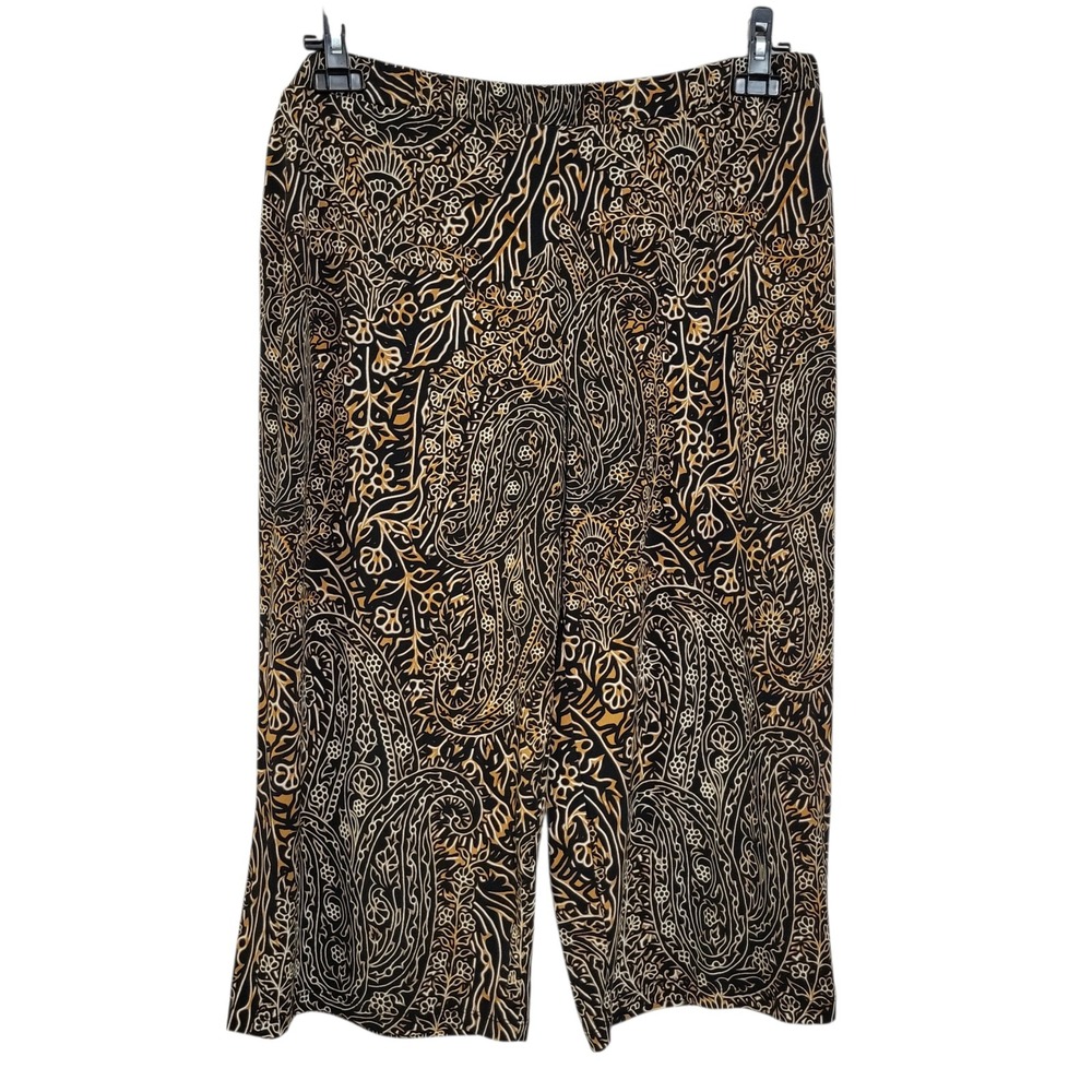 Susan Graver Wide Leg Capri Pants Womens Large Neutrals Brown Paisley Stretch